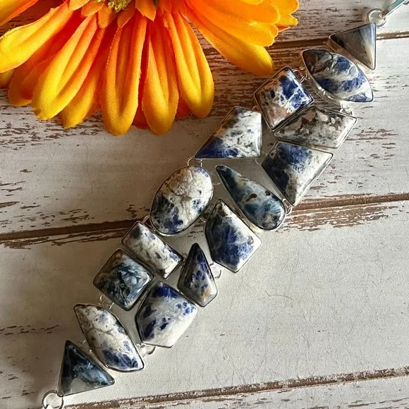 Sodalite Bracelet Handmade Stone Gemstone 925 Silver Large Ethnic Bohemian New!